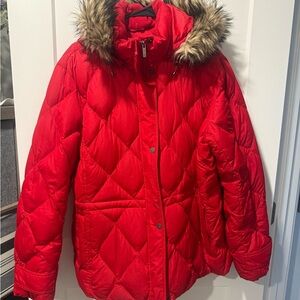 Lands' End Red Puffer Jacket with Faux Fur Hood